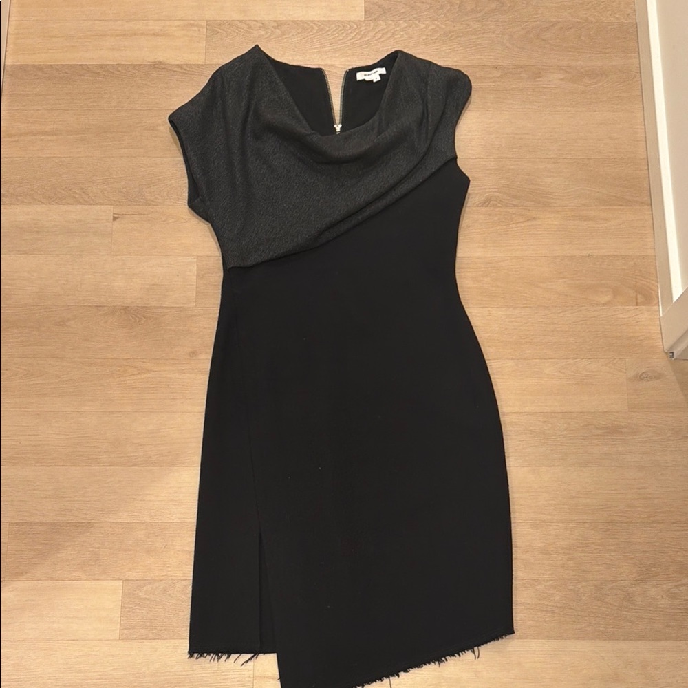 Black & Charcoal Draped Neck Cap-Sleeve Dress